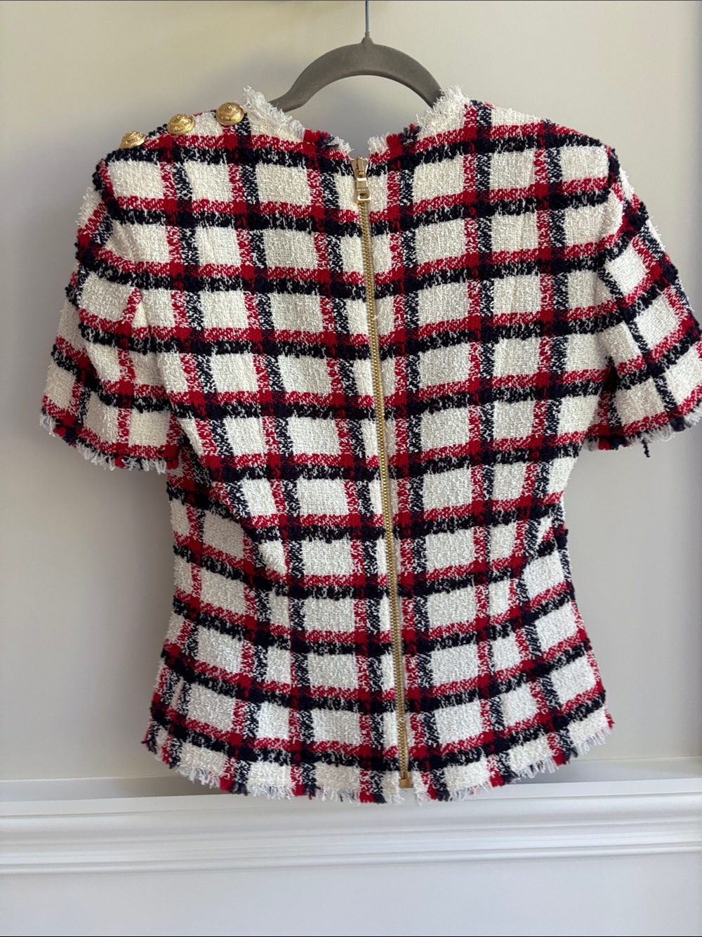 Balmain  Boucle Plaid Short Sleeve Top Sz 38 - Picture 2 of 6